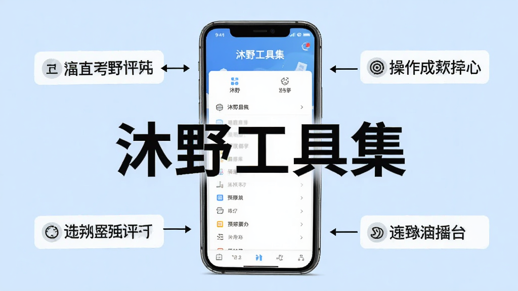 沐野工具集使用教程预览图,手机界面显示软件主菜单,周围有操作步骤标注,背景为浅蓝色,突出“沐野工具集”文字,画质干净,无多余元素。