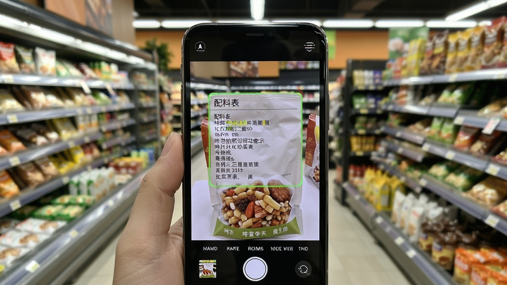 咔查拍照识别功能演示图,手机对准食品包装拍摄,屏幕显示识别后的配料表文字,识别框高亮,背景为实拍超市环境,画质清晰,干净无多余元素