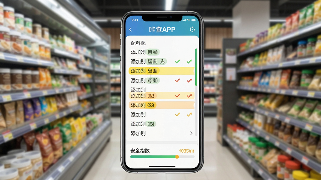 咔查APP主界面预览图,手机屏幕显示食品配料表识别结果,配料列表高亮显示添加剂,底部有“安全指数”评分,背景为超市货架,整体风格简洁清晰,画质干净,无多余元素