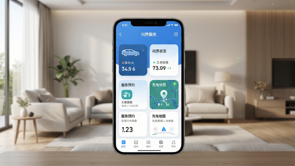 一张展示问界服务APP手机界面与智能汽车互动的场景,主体为一部大屏智能手机,屏幕中清晰显示“问界服务”主界面,包含车辆状态、服务预约、充电地图等模块,背景为现代简约的智能家居客厅,柔和自然光,布局以手机为中心向四周延伸,排版干净,风格科技感与温馨感并存,细节包括屏幕图标圆润、界面色彩以蓝白为主,画质高清,干净,无多余元素