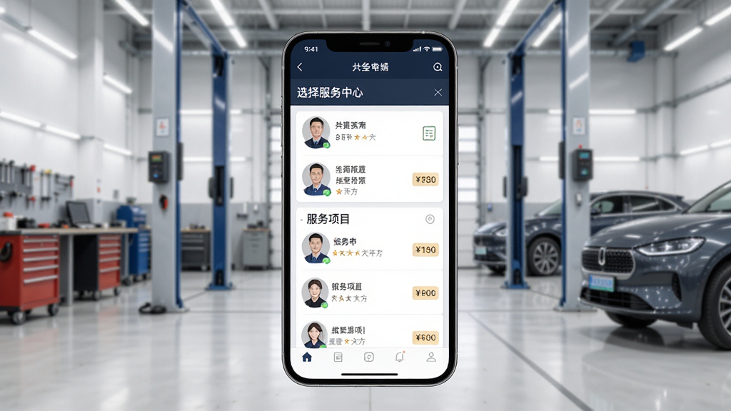 展示车主在问界服务APP上预约维保的流程,主体为手机界面,屏幕显示“选择服务中心”列表,包含距离、评分、服务项目,背景为整洁的汽车维修车间,布局以手机界面为主体,左右对称,排版清晰,风格专业可靠,细节包括服务顾问头像、价格标签,画质细腻,干净,无多余元素