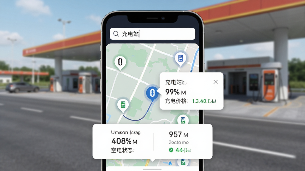 展示问界服务APP充电地图功能,主体为手机屏幕显示地图与多个充电站图标,其中一个站点弹出详细信息卡片,屏幕上方搜索栏输入“充电站”,背景为高速公路服务区场景,布局以地图为主,卡片悬浮于屏幕下方,排版直观,风格现代简洁,细节包括电量百分比、充电价格、空闲状态,画质高清,干净,无多余元素