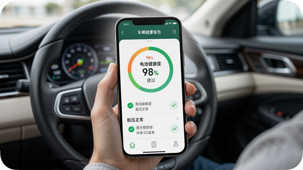 展示问界服务APP车辆健康报告界面,主体为手机屏幕,屏幕中显示环形图表与各项指标,如“电池健康度98%”“胎压正常”,背景为车主在车内使用手机的场景,布局以屏幕为中心,周围有柔光,排版清晰易读,风格科技感,细节包括绿色对勾图标、建议文字,画质干净,无多余元素