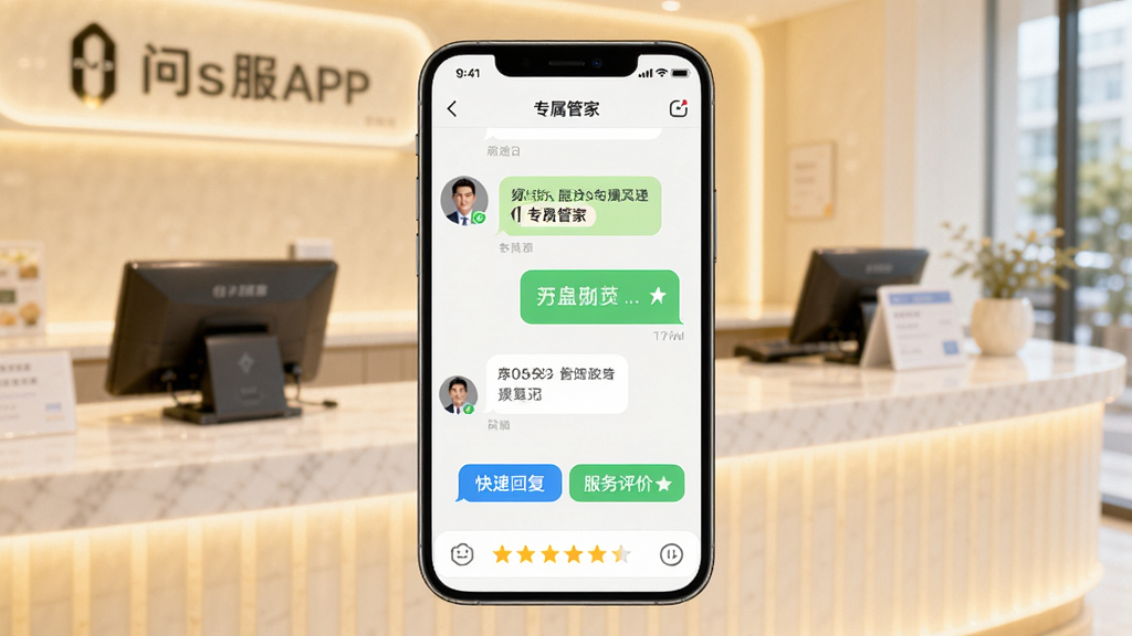 展示问界服务APP中专属管家聊天界面,主体为手机屏幕,屏幕显示对话气泡,管家头像带有“专属管家”标签,背景为明亮的服务台,布局以聊天界面为主,排版简洁,风格亲切友好,细节包括快捷回复按钮、服务评价星级,画质柔和,干净,无多余元素