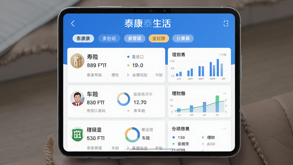 泰康泰生活App保单管理页面截图,展示多类型保单列表,包括寿险、车险、理财等,界面清晰有序,配备数据图表和分类标签,整体风格简洁专业,蓝色调为主,突出“泰康泰生活”品牌logo,画质高清,布局合理,无杂乱元素