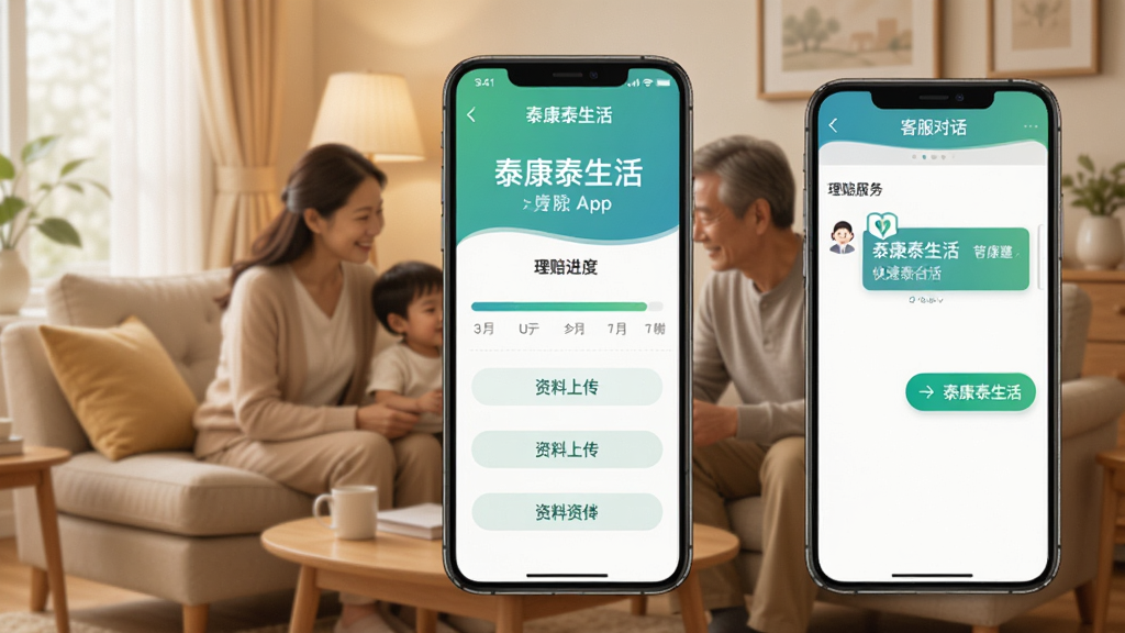 泰康泰生活App理赔服务界面,展示理赔进度条、资料上传入口和客服对话窗口,背景为温馨的家庭场景,体现快速便捷的服务体验,整体色调柔和,突出“泰康泰生活”品牌标识,画质细腻,排版清爽,无多余元素