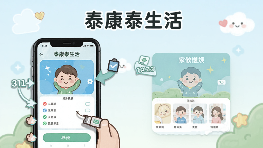 泰康泰生活App使用教程插图,展示手机操作步骤和功能指引,配以箭头和文字标注,背景简洁,整体风格卡通友好,突出“泰康泰生活”品牌名称,画质清晰,无多余元素