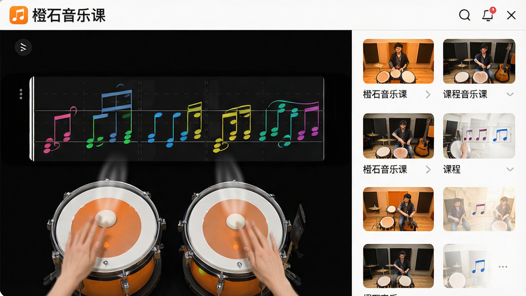 一张展示橙石音乐课软件主界面的高清截图,画面左侧为动态鼓谱界面,带有彩色音符和击鼓动画,右侧为课程列表缩略图,整体风格明亮简洁,界面布局清晰,突出“橙石音乐课”App名称,画质干净,无多余元素