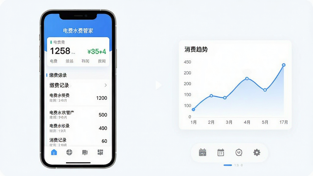 电费水费管家App主界面预览图,展示电费水费余额查询、缴费记录列表、消费趋势折线图以及底部工具栏图标,整体风格简洁明亮,采用蓝白配色,手机竖屏布局,UI设计现代,画质清晰干净,无多余元素,文字标注“电费水费管家”