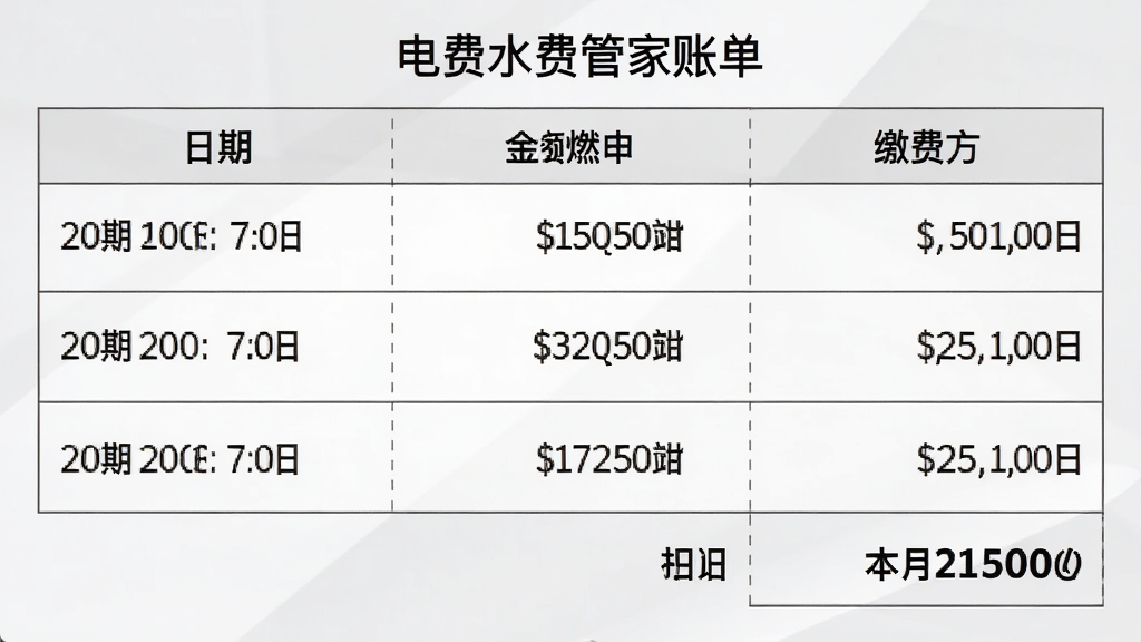电费水费管家账单记录页面截图,展示水电燃气三项费用的缴费明细列表,每项包含日期、金额、缴费方式,底部有本月合计统计,背景为浅灰色,表格线条清晰,风格简约,画质干净,文字标注“电费水费管家账单”