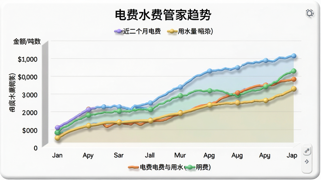 电费水费管家消费趋势图表页面,展示近六个月电费与用水量变化曲线,横轴为月份,纵轴为金额/吨数,两条彩色折线图例,背景白色,图表立体感强,风格专业,画质清晰,文字标注“电费水费管家趋势”