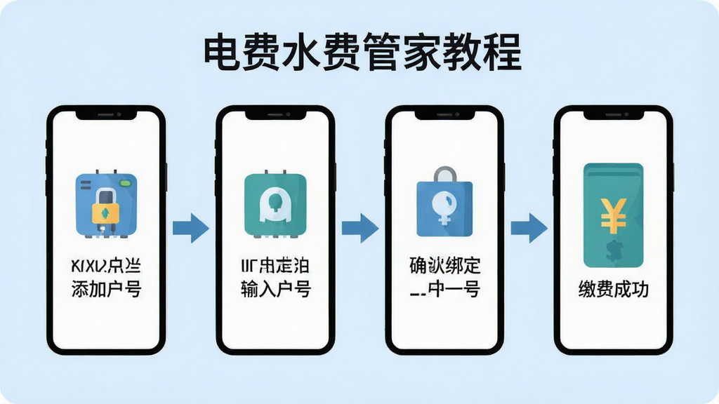 电费水费管家使用指南示意图,展示手机操作步骤:添加户号、输入户号、确认绑定、缴费成功,四步流程用箭头串联,背景为浅蓝色,图标简洁清晰,风格扁平化,画质干净,文字标注“电费水费管家教程”