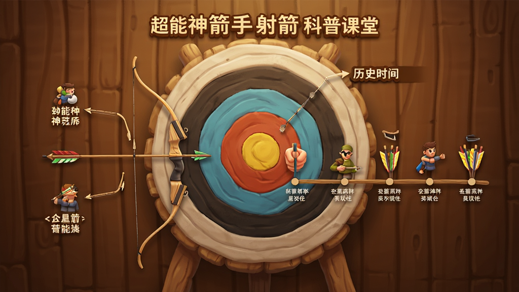 超能神箭手射箭科普课堂界面,展示弓箭装备图解与历史时间线,背景为木质箭靶,暖色调,教育风格,图文并茂,细节丰富,画质清晰,无多余元素