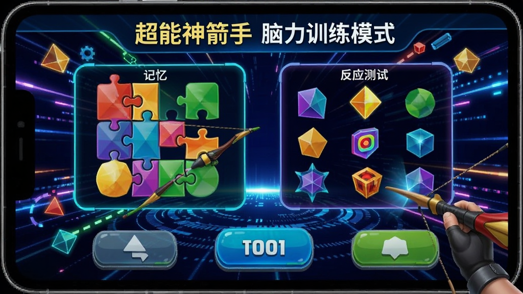 超能神箭手脑力训练模式,屏幕显示记忆拼图与反应测试小游戏,彩色几何图形,动感科技背景,界面活泼,操作按钮清晰,画质高清,干净无多余元素