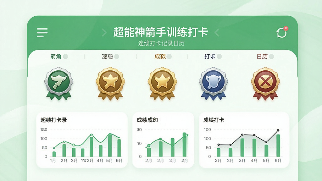 超能神箭手训练打卡日历界面,显示连续打卡记录与成就徽章,绿色主色调,简洁直观,数据图表清晰,背景柔和,画质干净,无多余元素