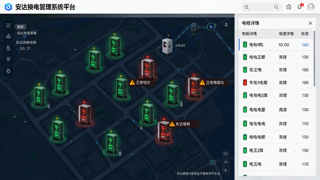 主体:安达换电管理系统平台的电子地图监控页面,地图上分布着多个换电柜图标,绿色表示正常,红色表示故障;布局:地图为主,右侧显示电柜详情列表;排版:地图清晰,图标颜色鲜明;风格:现代化GIS风格,科技感强;细节:电柜图标带有状态呼吸灯效果,故障电柜有警告提示;画质:高清,干净,无多余元素