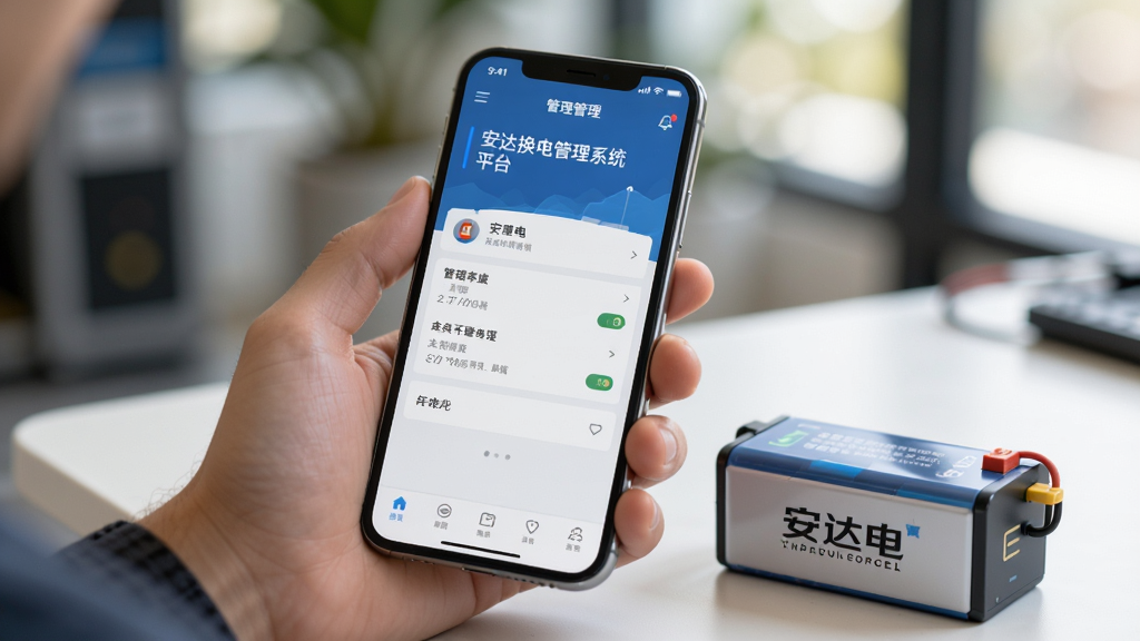 主体:用户正在手机上操作安达换电管理系统平台,手机屏幕显示管理后台界面,旁边放着一块换电电池;布局:手持手机置于画面中央,电池放在旁边;排版:主体突出,背景虚化;风格:实拍风格,自然光线;细节:手机界面清晰可见,电池上有品牌logo;画质:高清,干净,无多余元素
