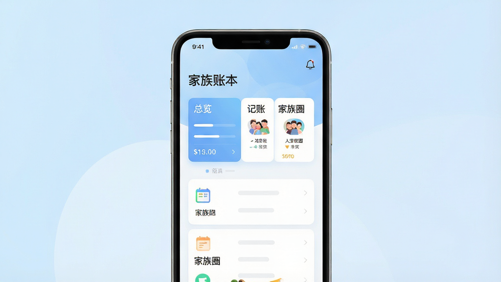 一张现代简约风格的手机应用界面预览图,居中展示“家族账本”APP主屏幕,屏幕上有清晰的“总览”、“记账”、“家族圈”等模块卡片,背景为柔和的浅蓝色渐变,整体布局清爽,画质干净,无多余元素,文字标签为“家族账本”