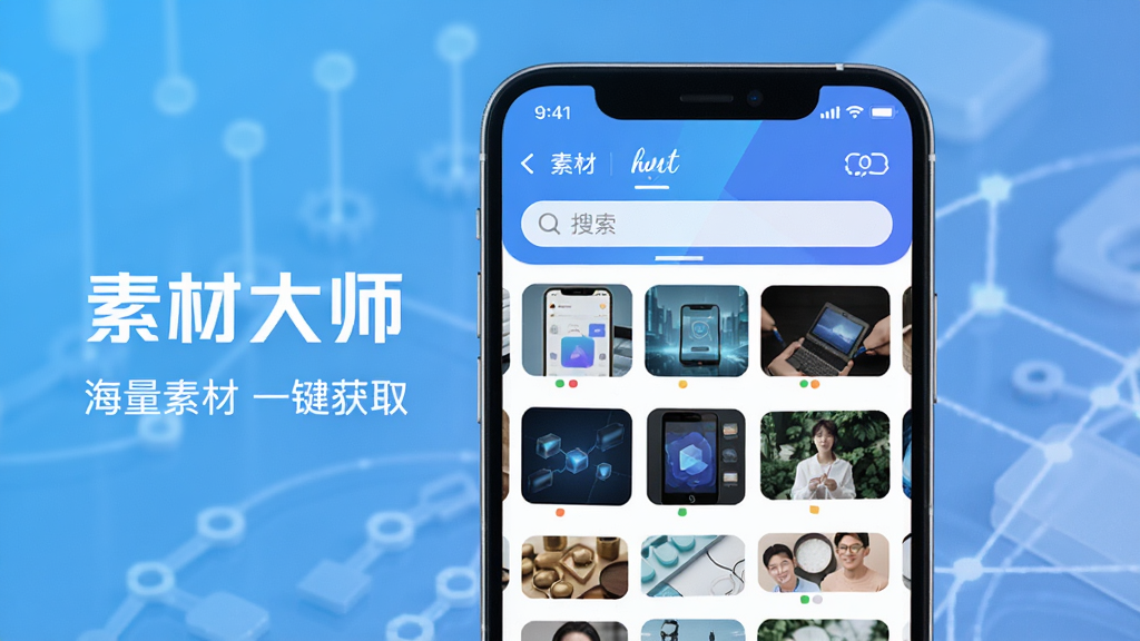 主体为手机界面展示的素材大师APP,屏幕中显示各类素材缩略图与搜索框,背景为渐变蓝色科技感,界面简洁明亮,布局清晰,文字标注“素材大师”与“海量素材一键获取”,现代扁平化风格,高画质,干净无多余元素