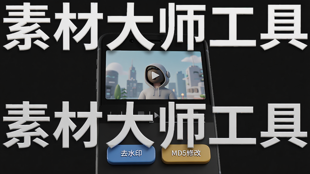 主体为手机界面展示素材大师视频处理工具,上方为视频预览窗口,下方有“去水印”“MD5修改”按钮,背景为深色,文字标注“素材大师工具”,3D渲染风格,高画质,干净无多余元素