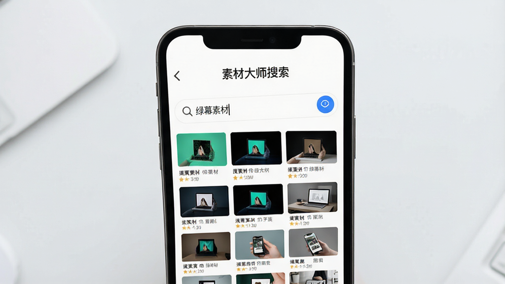 主体为手机屏幕展示素材大师搜索界面,搜索框内输入“绿幕素材”,下方呈现大量缩略图结果,布局整齐,背景为浅灰色,文字标注“素材大师搜索”,现代简约风格,高画质,干净无多余元素
