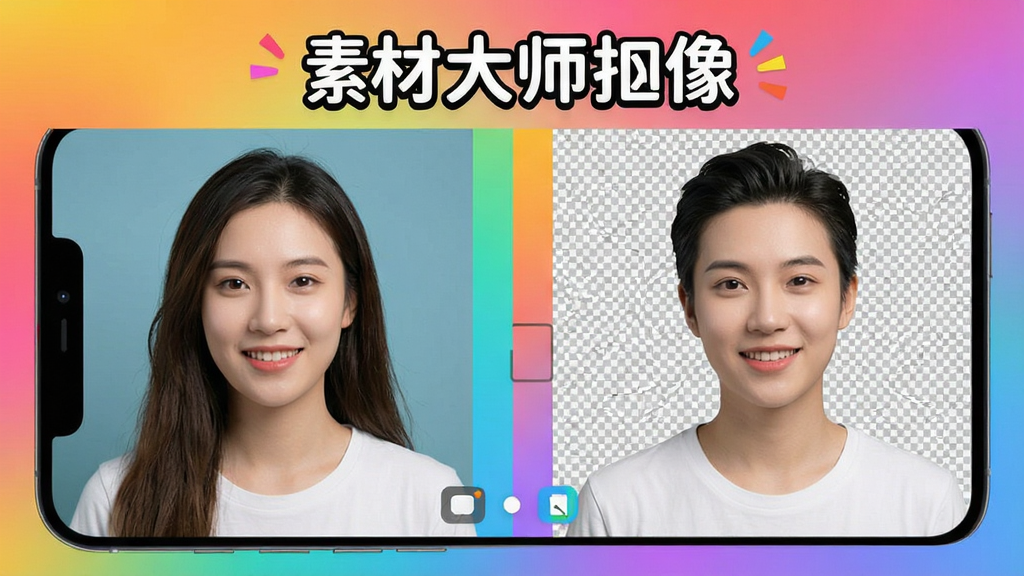 主体为手机界面展示素材大师抠像功能,左侧为原图,右侧为抠像后的透明背景人像,背景为彩色渐变,文字标注“素材大师抠像”,生动活泼风格,高画质,干净无多余元素
