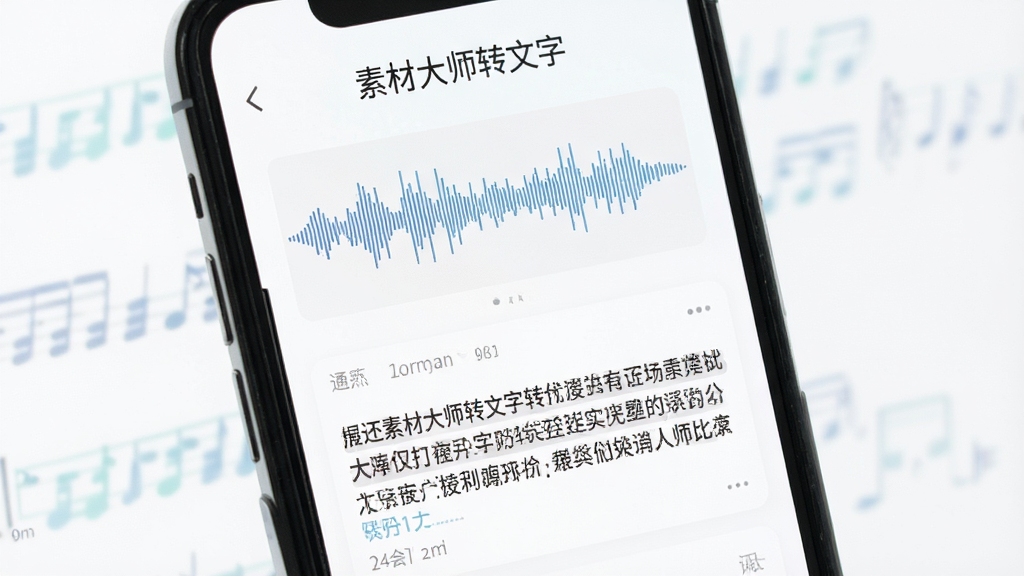 主体为手机屏幕展示素材大师转文字功能,界面中有一段音频波形图,下方显示识别出的文字段落,背景为白色,文字标注“素材大师转文字”,清新浅色风格,高画质,干净无多余元素