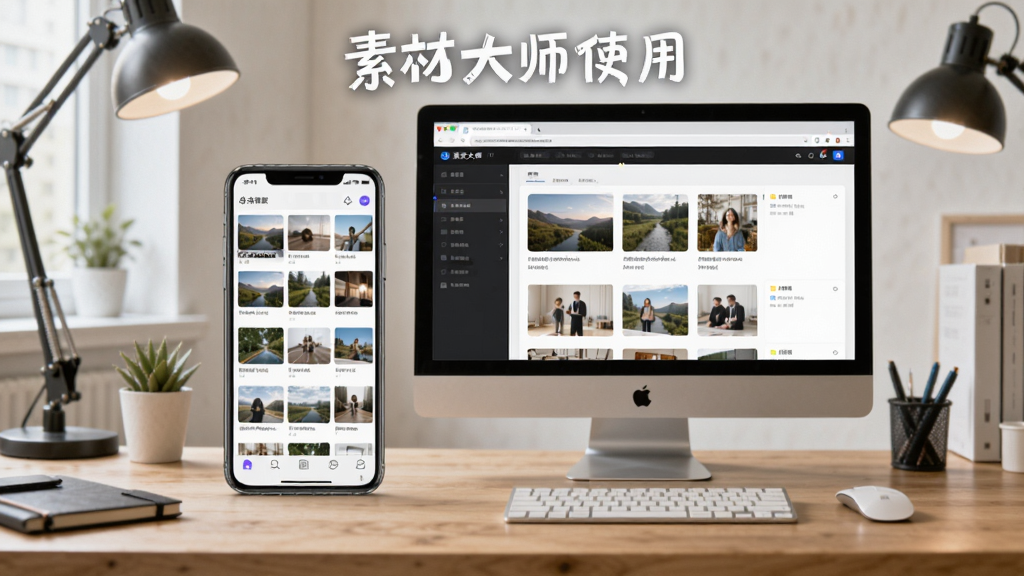 主体为手机和电脑并排展示素材大师使用场景,手机屏幕显示素材列表,电脑屏幕显示素材大师网页版,背景为室内工作台,文字标注“素材大师使用”,写实摄影风格,高画质,干净无多余元素