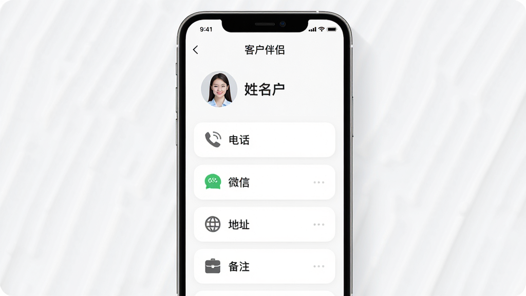 一张手机应用界面设计图,展示“客户伴侣”的客户详情页面,页面上方是客户头像和姓名,下方整齐排列着电话、微信、地址、备注等字段,每个字段旁边有对应的图标,背景为白色,卡片式布局,圆角设计,风格简约清晰,高画质,干净无多余元素