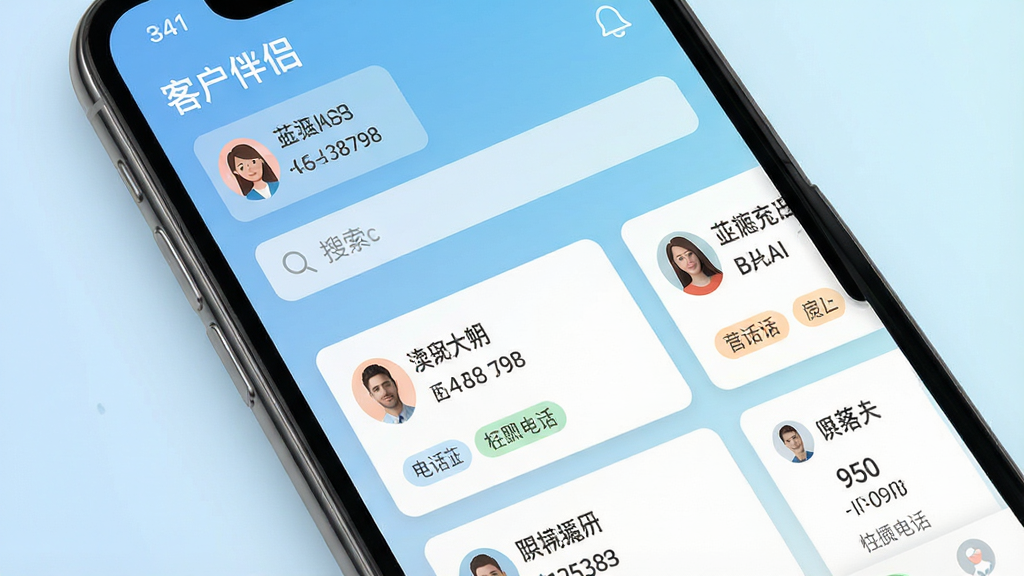 一张智能手机屏幕特写,屏幕中清晰显示“客户伴侣”APP界面,界面顶部有客户列表和搜索栏,下方排列着几个名片样式的客户信息卡片,卡片上显示姓名、电话和标签,背景为干净的浅蓝色渐变,整体风格简洁现代,UI设计扁平化,高画质,干净无多余元素