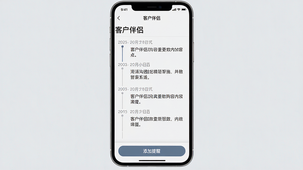 一张手机界面截图设计,展示“客户伴侣”的跟进记录页面,上面有时间轴样式的记录列表,每条记录包含日期、沟通方式和内容摘要,底部有一个“添加提醒”的按钮,背景为淡灰色,整体风格商务简洁,高画质,干净无多余元素