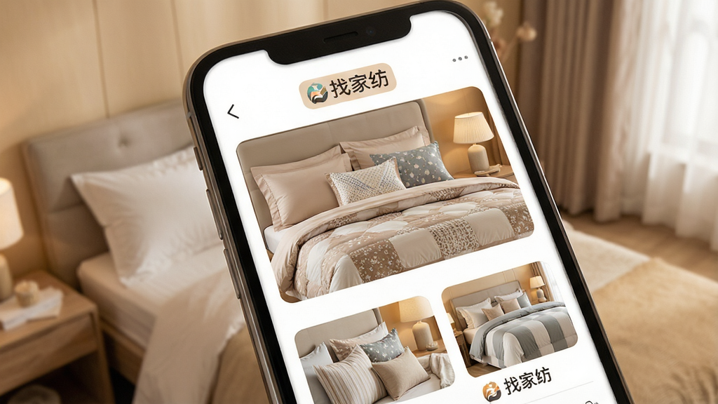 һ��չʾ�Ҽҷ�Ӧ�ý���ĸ��峡��ͼ������Ϊ�����ֻ���Ļ�ϵ��ҼҷĹ�����棬��Ļ��չʾ�����ļҷĲ�ƷͼƬ�紲�������ס����׵ȣ���������������ůɫ������������ִ���Լ��ϸ�ڷḻ�����ʸɾ����޶���Ԫ�أ�ͻ�����Ҽҷġ�Ʒ�����ơ�
