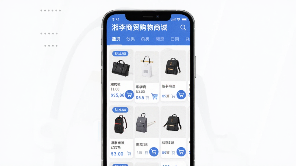 湘李商贸购物商城手机应用界面,主体为智能手机展示商品列表,布局清晰,分类导航栏位于顶部,商品卡片网格排列,风格简约现代,以蓝白为主色调,细节包含价格标签和购物车图标,画质高清干净无多余元素