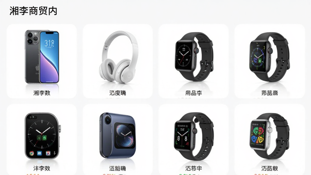 湘李商贸应用内商品分类展示界面,主体为各类电子产品如手机、耳机、智能手表等,布局采用图标网格排列,风格清晰明亮,细节突出商品图片和分类标签,画质干净无多余元素