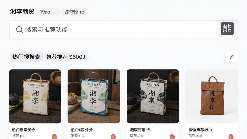 湘李商贸搜索与推荐功能界面,主体为搜索框和推荐商品卡片,布局上方为搜索栏,下方为推荐列表,风格简洁现代,细节展示热门搜索词和商品缩略图,画质高清无多余元素