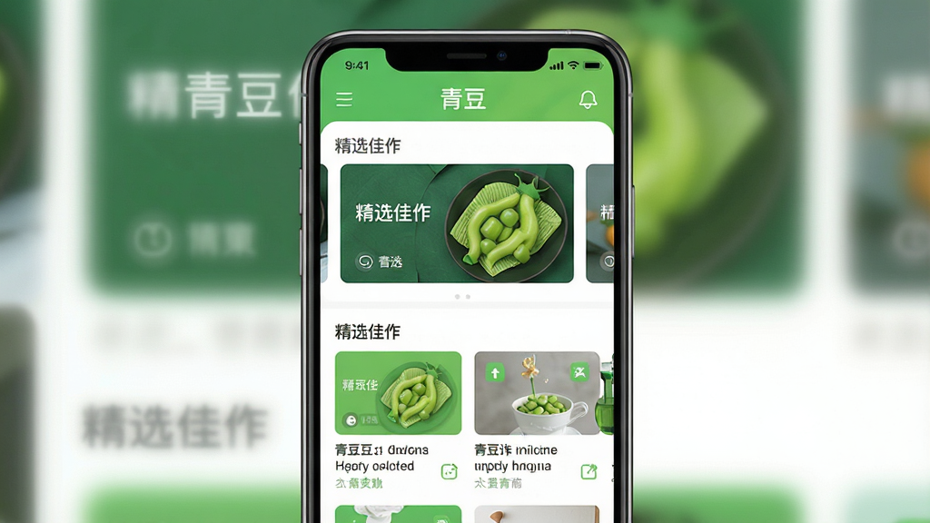 青豆App开屏预览图,主体为一部智能手机屏幕占据画面中央,屏幕上显示“青豆”APP的首页界面,界面风格清新明亮,以绿色和白色为主色调,上方有“精选佳作”轮播图,下方排列着文章卡片。布局简洁大方,排版整齐有序。整体风格为扁平化插画风,细节丰富,画质高清,干净无多余元素。