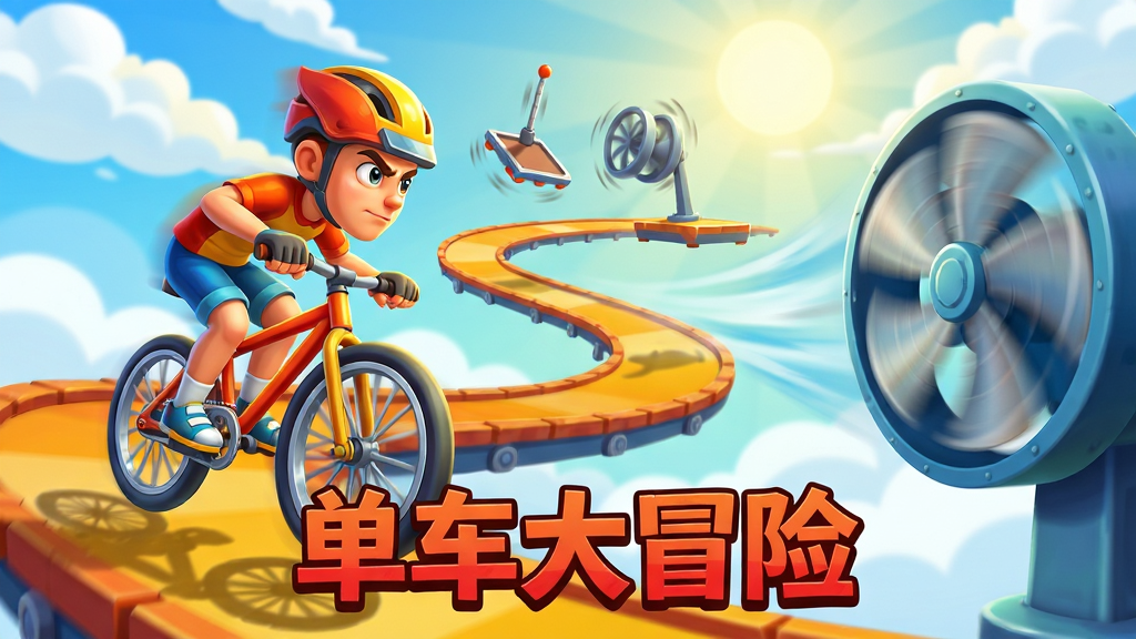 主体:游戏主角骑着单车在轨道上冲刺,前方出现多个移动平台和旋转摆锤。布局:主角居中偏左,赛道呈S型延伸,障碍物错落分布,右侧有高速风扇吹动。排版:画面底部中央显示“单车大冒险”红色艺术字,背景有云层和阳光。风格:明亮卡通风格,色彩对比强烈,突出动感。细节:车轮辐条清晰,人物表情专注,风扇叶片旋转模糊效果。画质:高清渲染,干净无多余元素。