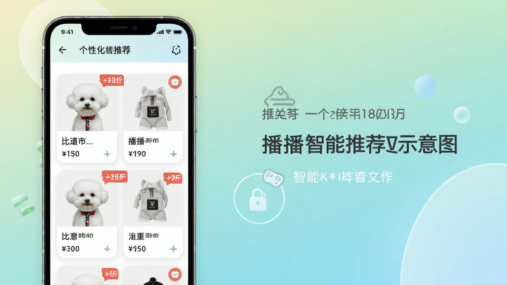 比熊播播智能推荐功能示意图,手机屏幕上显示个性化推荐列表,商品卡片带价格和折扣标签,背景为柔和的渐变色调,布局清爽,细节丰富,画质干净