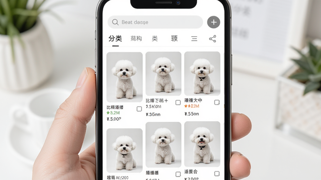 比熊播播购物平台主界面展示,手机屏幕内显示商品瀑布流,顶部搜索栏和分类导航,整体风格清新明亮,布局整齐,商品图片清晰,画质干净,无多余元素