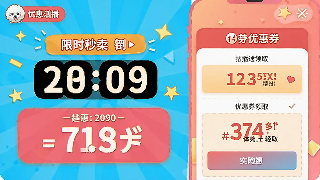 比熊播播优惠活动界面,展示限时秒杀倒计时、优惠券领取页面,色彩鲜艳,突出折扣数字,布局活泼,细节清晰,画质干净