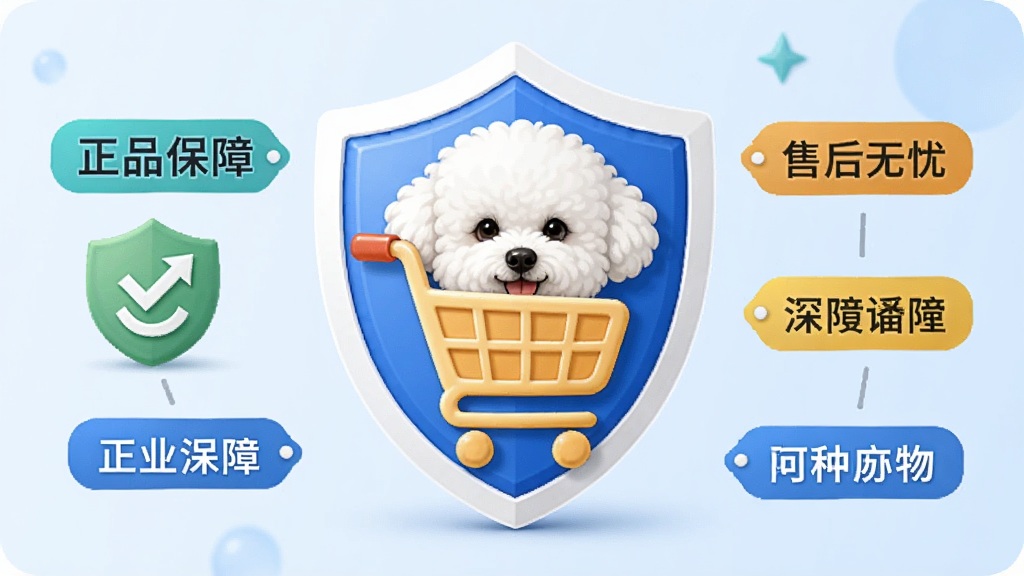 比熊播播购物保障服务展示图,盾牌图标与购物车结合,周围有“正品保障”、“售后无忧”等文字标签,背景浅蓝,风格简约,画质干净
