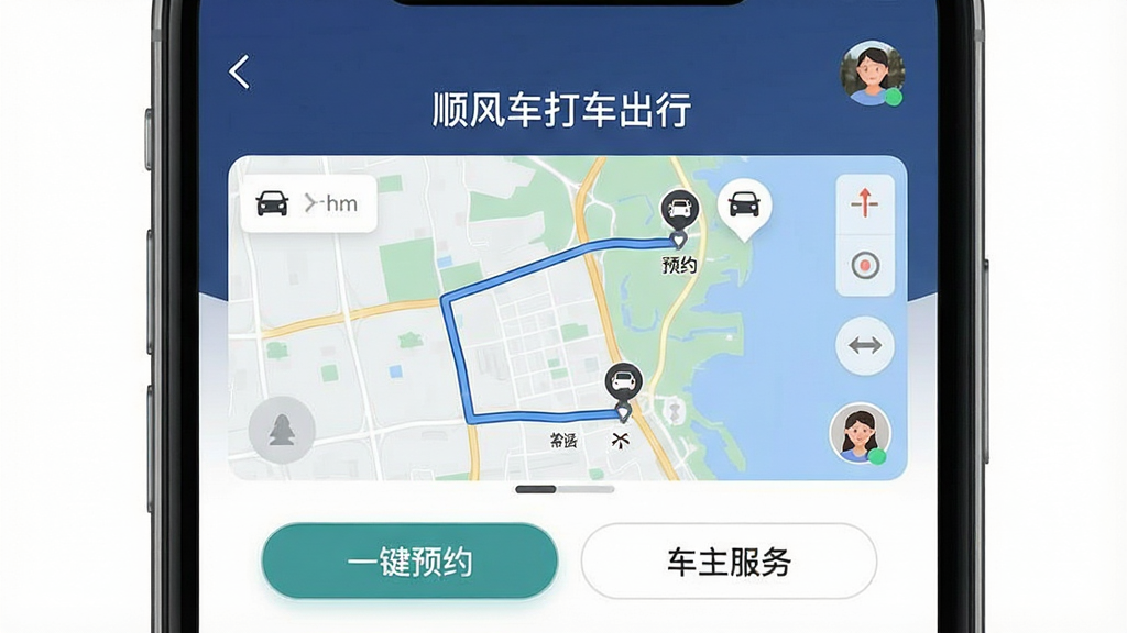 一幅展示顺风车打车出行APP核心界面的高清手机截图,主体是手机屏幕上的应用主界面,顶部显示“顺风车打车出行”字样,中间是地图路线规划,下方有“一键预约”和“车主服务”两个按钮,布局清晰,排版简洁,风格现代简约,细节包括车辆图标和用户头像,画质细腻,干净无多余元素
