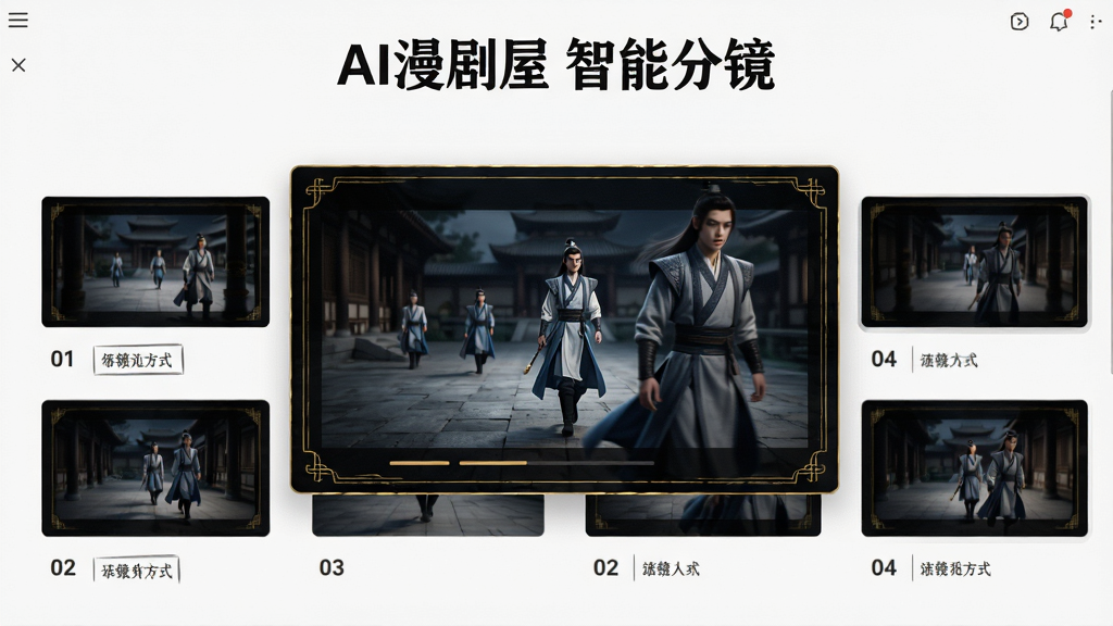 展示AI漫剧屋“智能分镜”功能的预览界面,屏幕上并排显示多个分镜头脚本,每个镜头下方标注镜头序号与运镜方式,画面中央是一个动态的分镜预览窗口,展示一个古风角色从远景走到近景的连续动作,背景为暗色调,配以金色线条装饰,整体风格大气,画质精细,画面干净,无多余元素