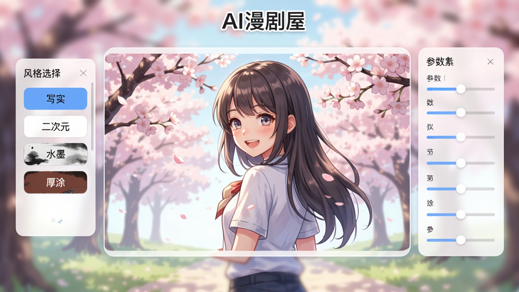 展示AI漫剧屋“画面生成”功能的界面,中央是一个大型预览窗口,展示一幅采用二次元风格绘制的动态场景,一个少女站在樱花树下回头微笑,左侧为风格选择面板,显示“写实”、“二次元”、“水墨”、“厚涂”等选项,右侧为参数调节滑块,整体界面采用悬浮式设计,色调明亮柔和,画质清晰,突出“AI漫剧屋”标识,画面无多余元素