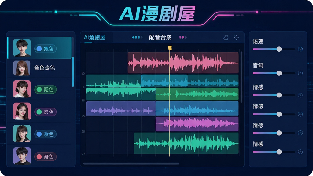 展示AI漫剧屋“配音合成”功能的操作面板,中央是一个波形图编辑器,显示多段不同颜色的音轨,左侧为角色列表,每个角色旁有头像与音色标签,右侧为语速、音调、情感等调节滑块,背景采用深蓝色调,配以青色与粉色高光,整体界面科技感强,画质清晰,突出“AI漫剧屋”Logo,画面无多余文字