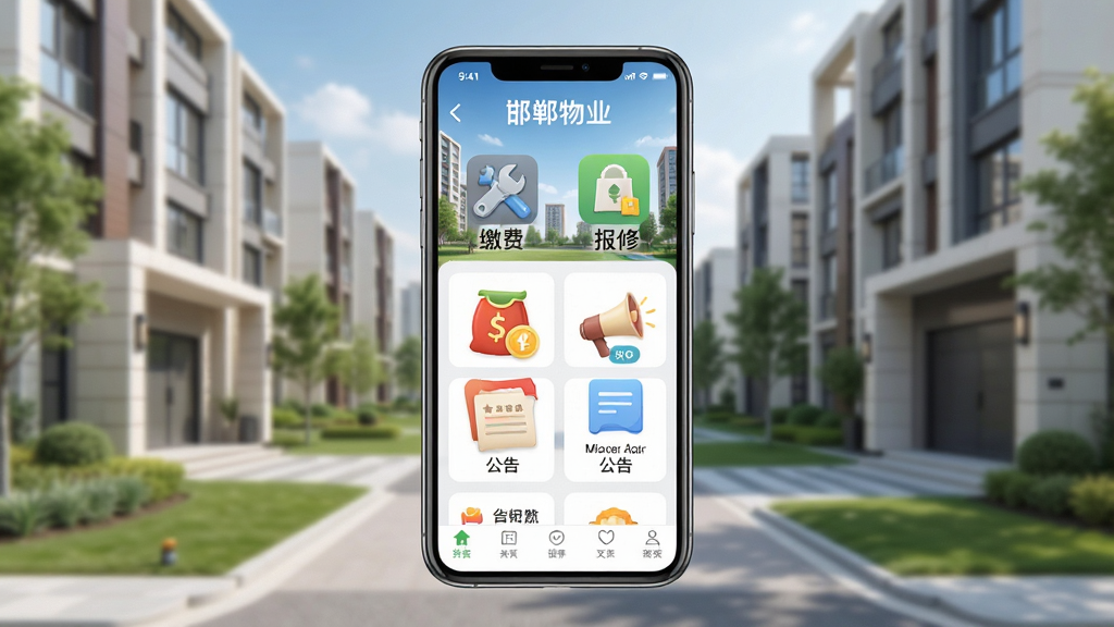 邯郸物业APP主界面展示,手机屏幕中显示社区服务首页,包含缴费、报修、公告等图标,背景为现代简约小区环境,画面清晰明亮,布局合理,风格写实,细节丰富,画质高清干净无多余元素