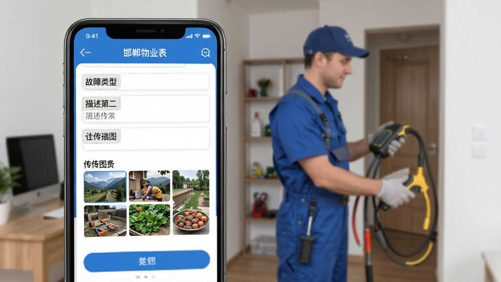 邯郸物业APP报修功能演示,手机界面显示提交报修表单,包含故障类型、描述、上传图片区域,背景为维修师傅上门服务场景,画面写实,布局清晰,画质高清