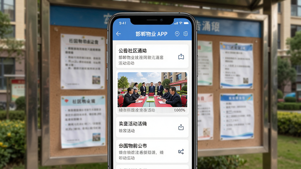 邯郸物业APP公告通知界面,手机屏幕显示物业发布的公告列表,配有社区活动图片,风格简洁明了,背景为小区公告栏,画质清晰,细节丰富