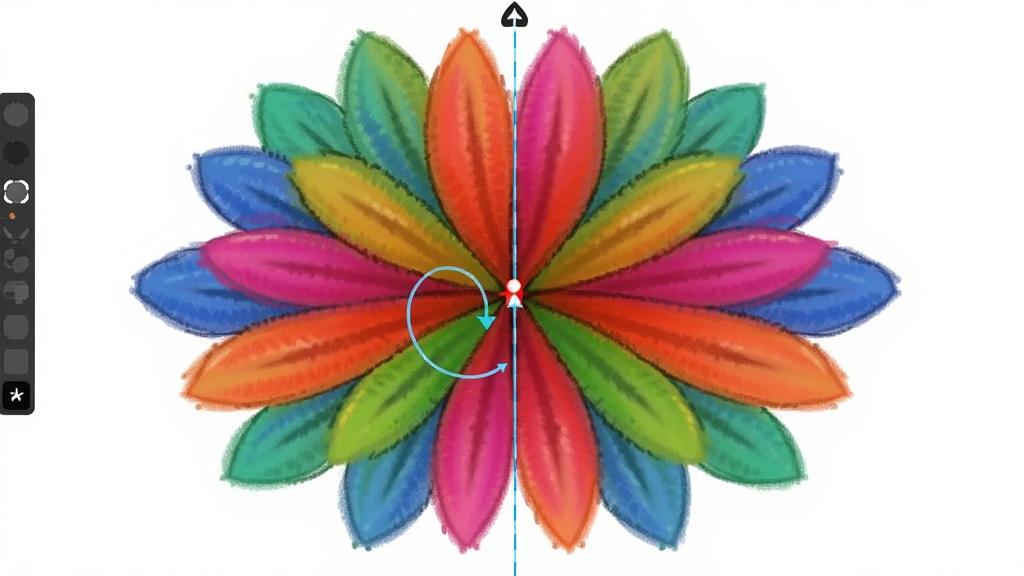 连绘软件的对称绘图功能,画布上显示一条对称轴,一侧画着彩色花瓣,另一侧自动镜像,色彩绚丽,背景干净,画质细腻,无多余元素