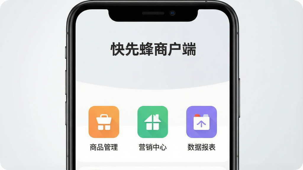 一张智能手机屏幕占据画面主体,屏幕内清晰展示快先蜂商户端的主界面,上方显示“快先蜂商户端”字样,下方排列着订单管理、商品管理、营销中心、数据报表等彩色功能图标,背景为干净的浅灰色渐变,整体风格简洁现代,界面UI设计扁平化,画质高清,光线均匀,无多余元素